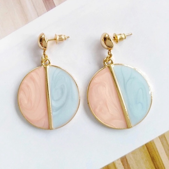 Round Two Tone Gold Earrings | Pink + Blue - Picture 1 of 3